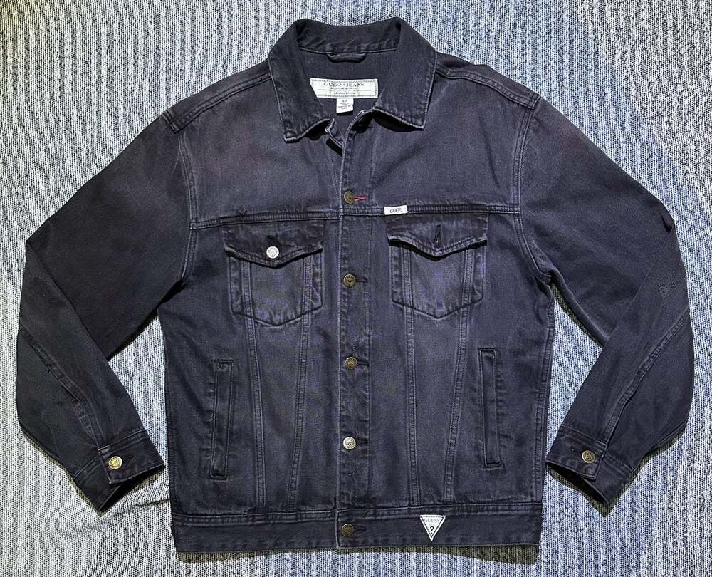 Guess Jeans Vintage Style Black Denim Trucker Jacket with Back Logo Embroidery